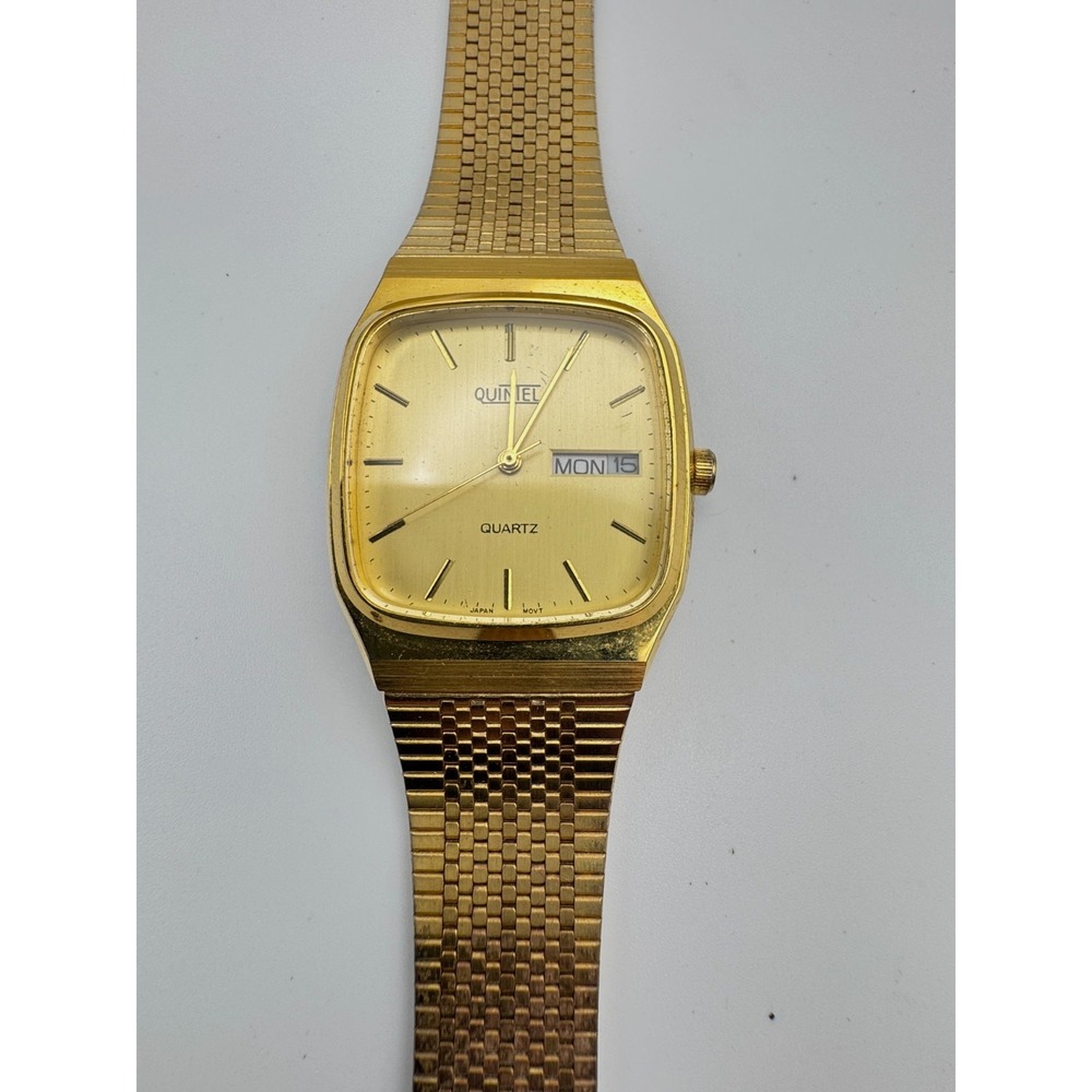 Vintage Quintel Watch Mens TV Case Mesh Band Day Date Quartz Retro WORKING